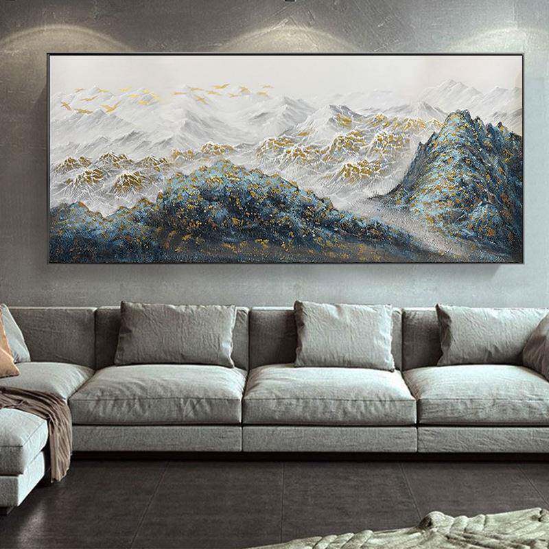 手绘油画客厅横版挂画金山三联沙发背景装饰画立体简约现代画