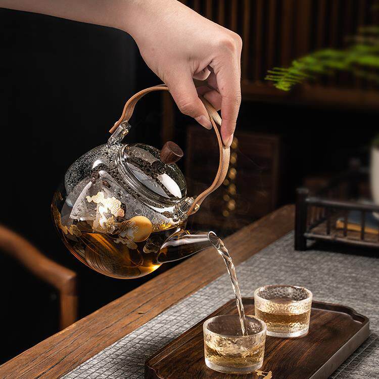 围炉煮茶玻璃茶壶高硼硅玻璃蒸煮两用茶壶电陶炉煮茶壶木把泡茶壶
