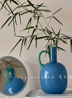 法式中古玻璃花瓶简约高级餐桌边柜摆件干花仿真花花器