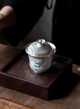 鎏银开窗竹韵盖碗手工手抓泡茶器盖碗个人茶具鎏银手工家用茶具