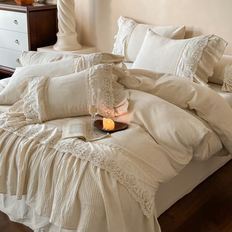 法式轻奢公主风棉麻四件套全棉柔软裸睡鱼尾花边床单被套床上用品