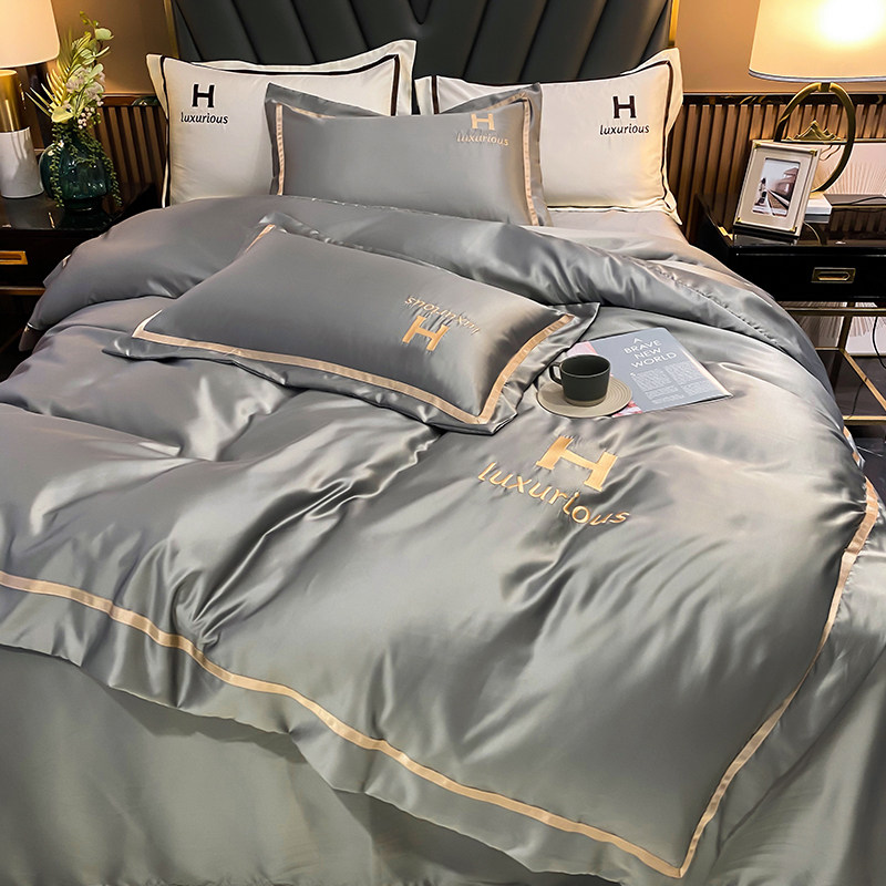 简约轻奢风水洗冰丝刺绣三四件套被套床单床笠单双人床上用品夏季