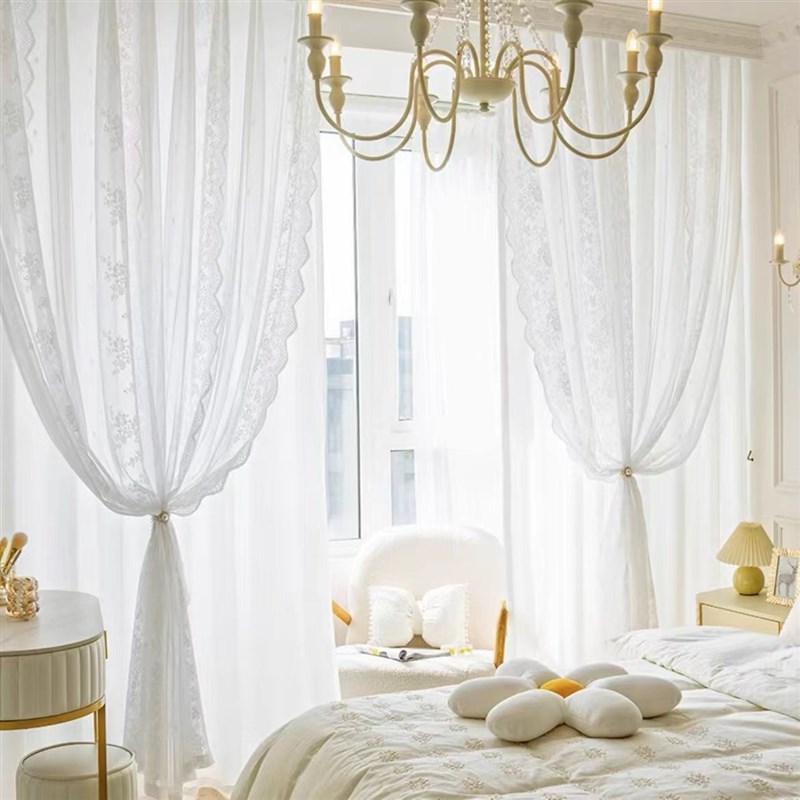 法式轻奢双层蕾丝经编纱透光不透人定制客厅书房阳台半遮光窗帘