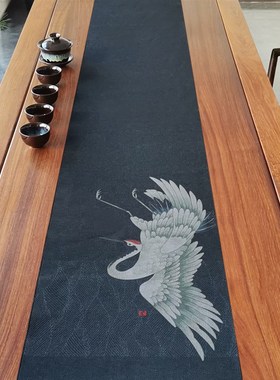 仙鹤迎春花鸟新中式红木茶几桌旗高端轻奢棉麻黑色茶桌布茶旗防水