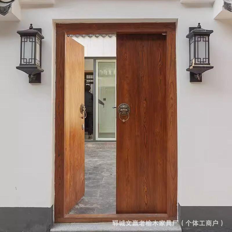 新中式榆木大门民宿庭院木门原木别墅门老榆木门楼对开出入进户门