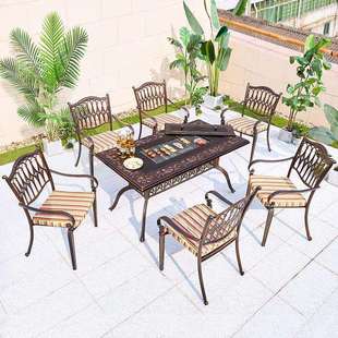 户外长桌铸铝烧烤桌碳烤电烤BBQ桌子庭院花园露台农庄休闲餐桌椅