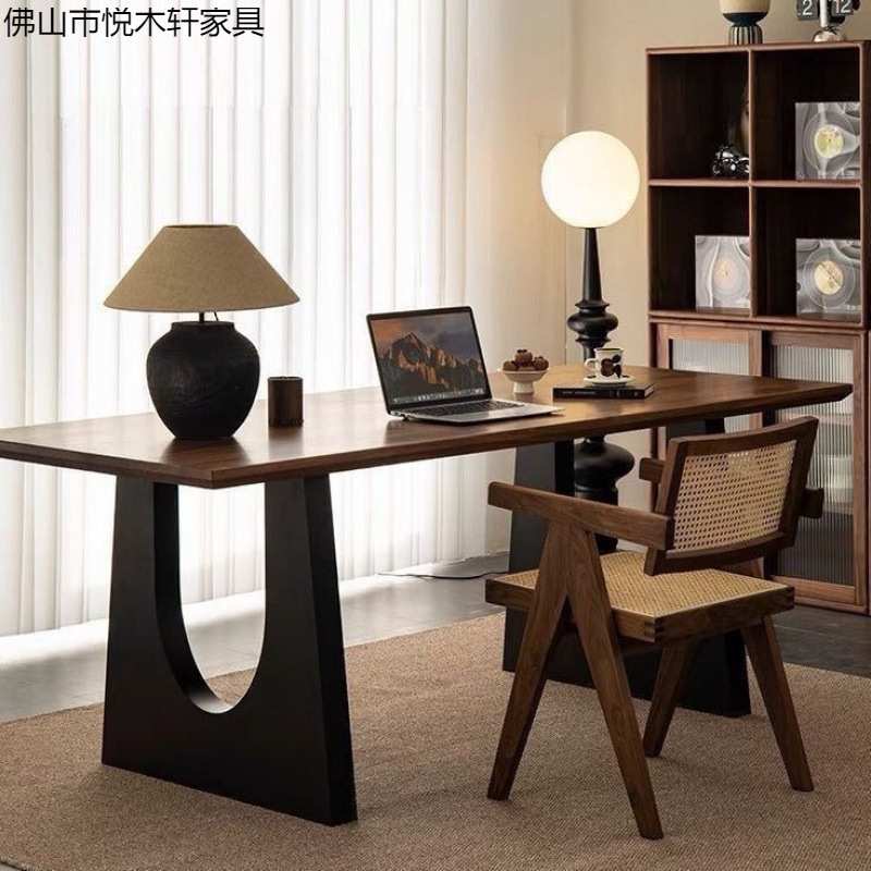 简约风餐桌胡桃木色客厅大长书桌工作台大板餐书桌一体会议办公桌