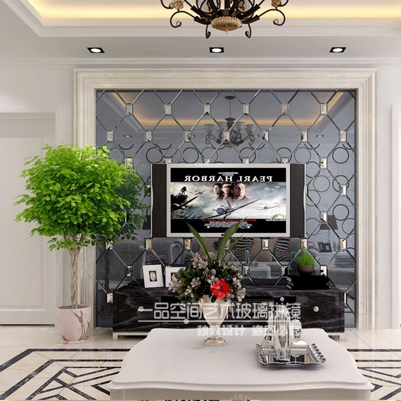 电视背景墙玻璃拼镜边框造型客厅餐厅菱形艺术镜面简欧装饰工艺