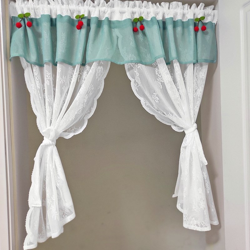 门帘免打孔安装红樱桃短帘蕾丝网纱帘家用装饰帘卧室客厅隔断挂帘