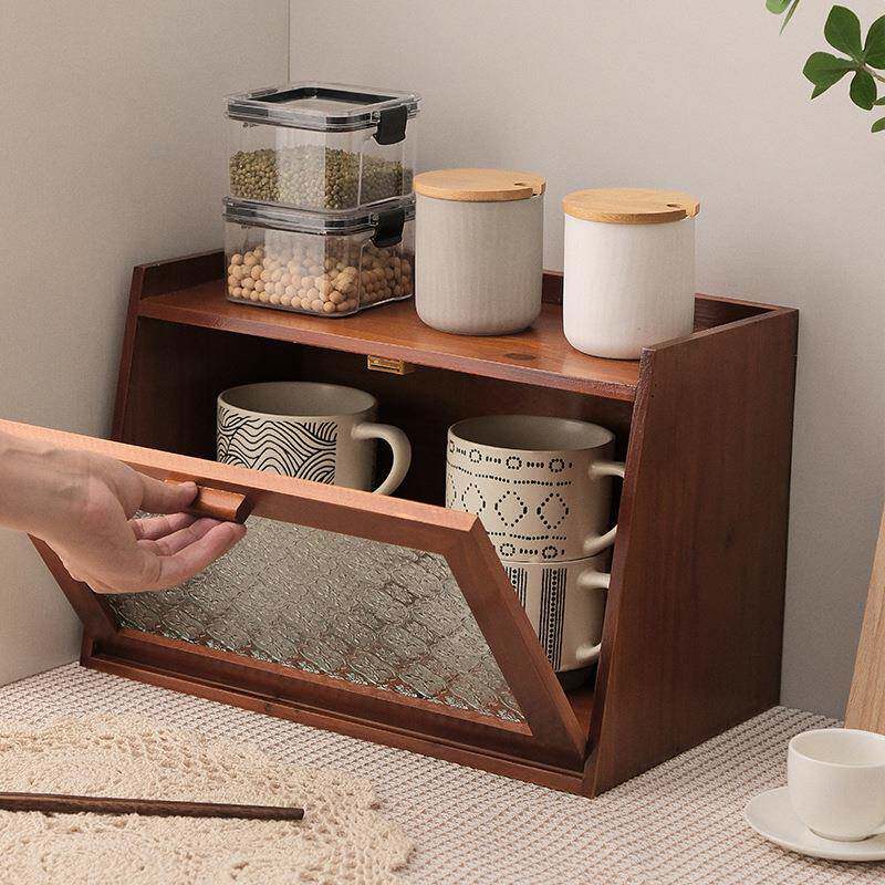 cs实木复古防尘桌面收纳盒杯子茶具茶杯展示柜马克杯防尘木制整理