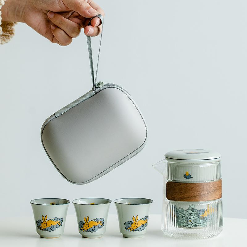 山鼎金兔报喜旅行茶具户外随身快客杯泡茶壶陶瓷茶杯便携一壶三杯