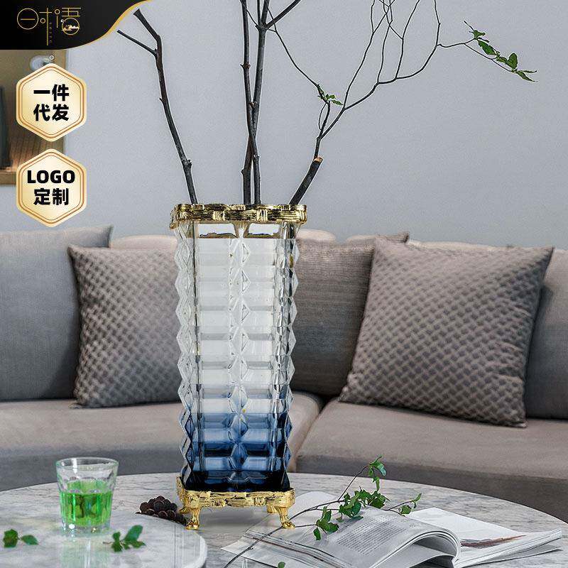 高档水晶玻璃渐变透明小花瓶高级感摆件轻奢客厅插花古法琉璃水养