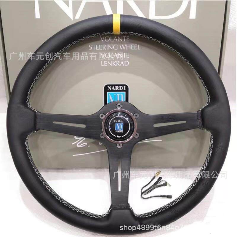 ND汽车改装15寸方向盘Nardi皮质款小凹平支架钛色黑色转向盘370MM