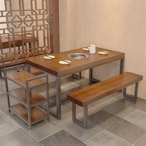 饭店餐厅休闲火锅实木餐桌酒店商用长方形复古桌子铁艺餐桌椅组合