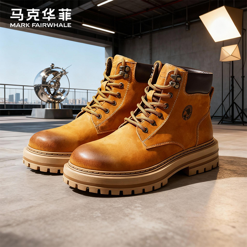 马克华菲马丁靴男2026冬季新款大黄靴男士真皮靴子复古户外工装靴,流行男鞋,马丁靴,淘宝优惠券,粉丝福利购,淘宝优惠卷