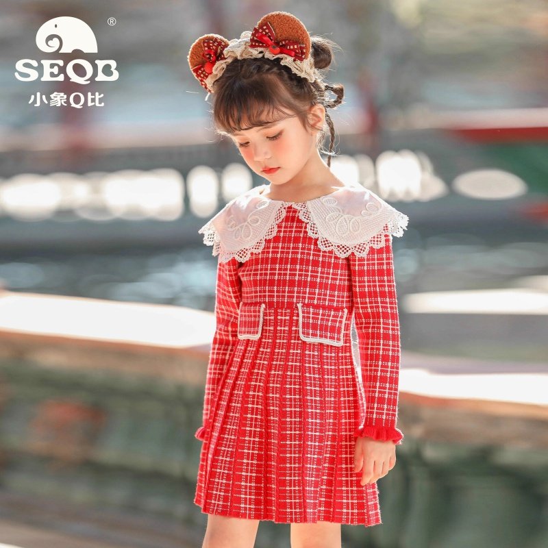 【SEQB小象Q比】秋冬款女童长袖套头公主裙翻领棉线格子连衣裙