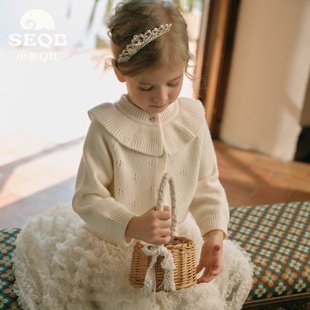 【SEQB小象Q比】2026春季新款镂空花纹针织外套荷叶领含羊毛开衫