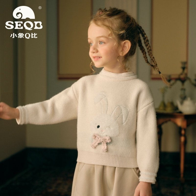 【SEQB小象Q比】可爱兔子图案软糯套头针织衫舒适女童圆领毛衣