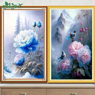 青飞精准印布雪景蓝牡丹十字绣喜上枝头喜鹊新中式玄关越南柬埔寨