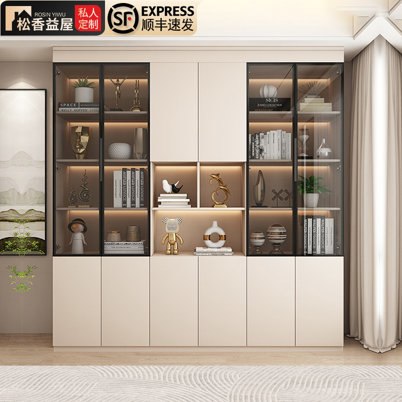 定制书柜书架一体组合带玻璃门轻奢储物柜家用整墙落地实木书橱
