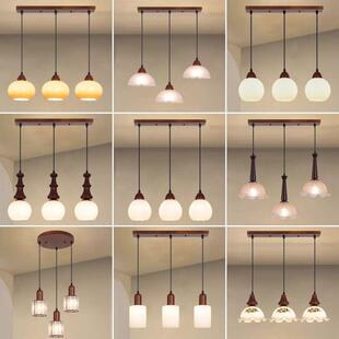 中古风餐厅灯三头餐桌灯款胡桃木长条灯新饭厅吊灯380商用厅餐灯