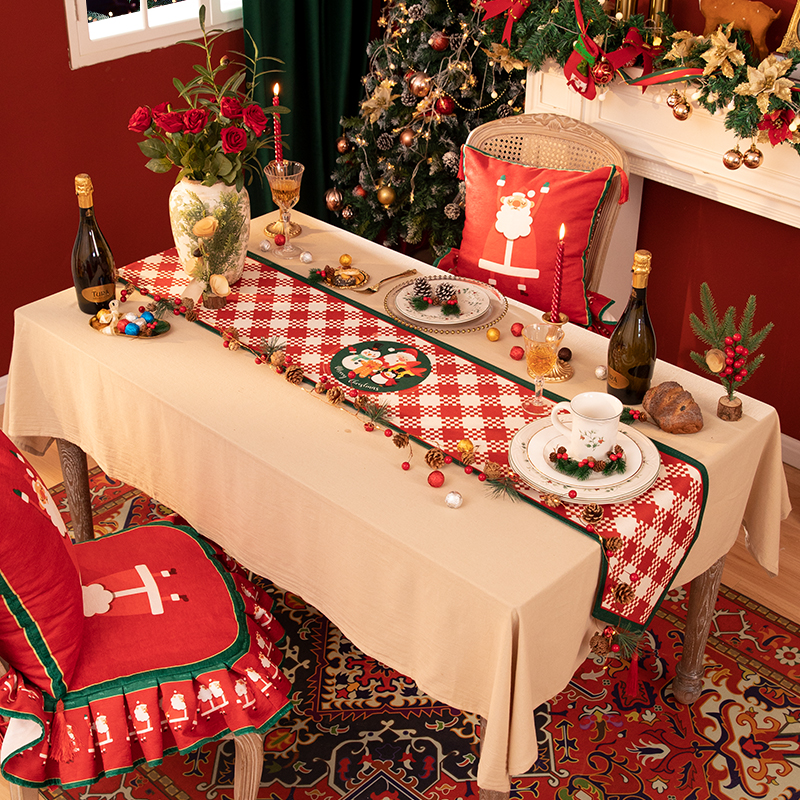 圣诞红色桌旗棉麻防水桌布长条形布艺餐布圣诞节装饰盖布茶几布