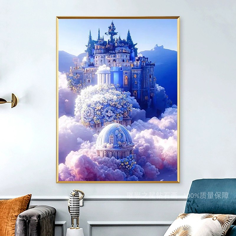 钻石画2023新款满钻卧室装饰画蓝色城堡手工点贴钻十字绣客厅风景