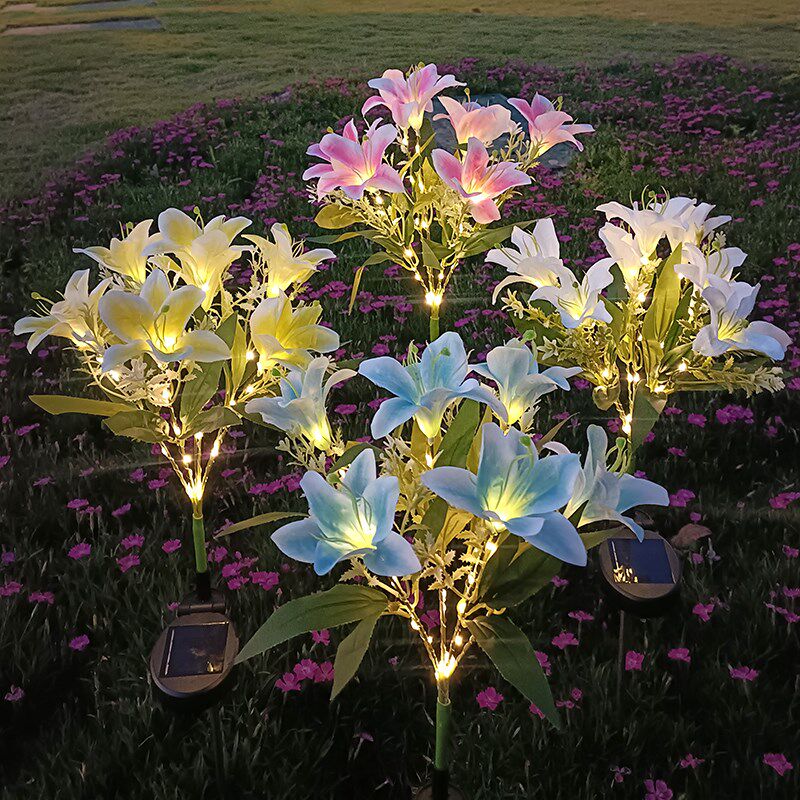 户外庭院花园装饰草坪地插灯LED仿真花灯新款7头太阳能百合 花灯