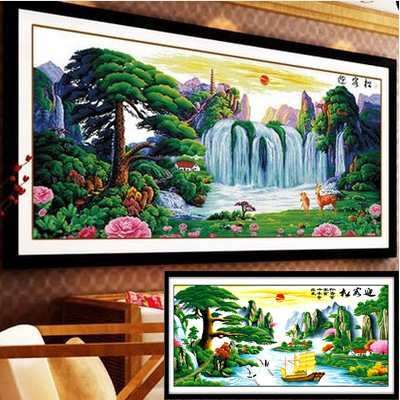 ?迎客松十字绣成品纯手工 财运版客厅2米风景山水画出售 已绣好
