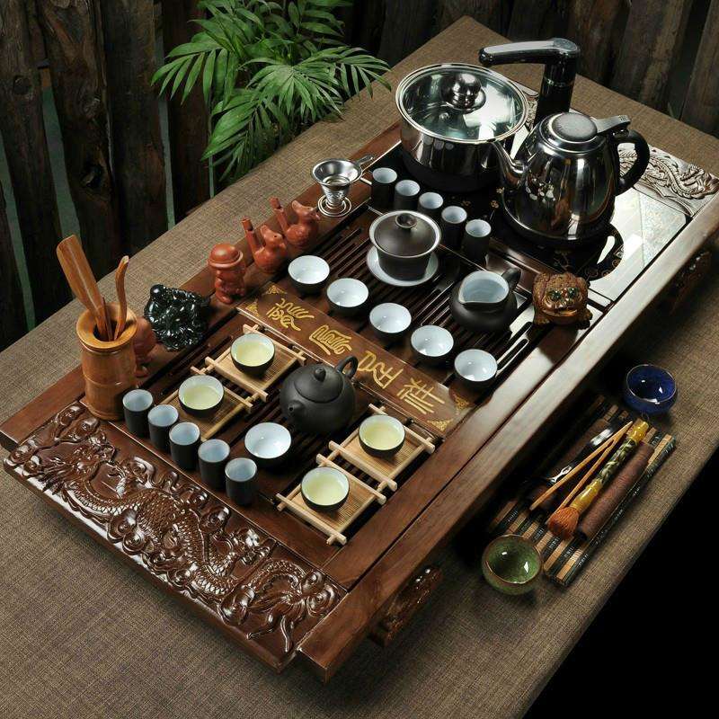 厂家紫砂茶具套装四合一整套冰裂电磁炉实木花梨茶盘茶海茶台