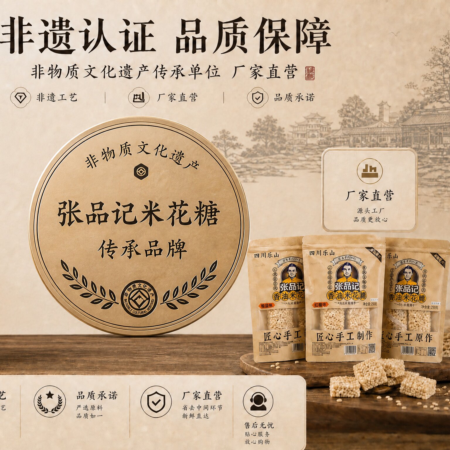张品记四川特产乐山苏稽米花糖传统糕点袋装258g手工制作米花糖
