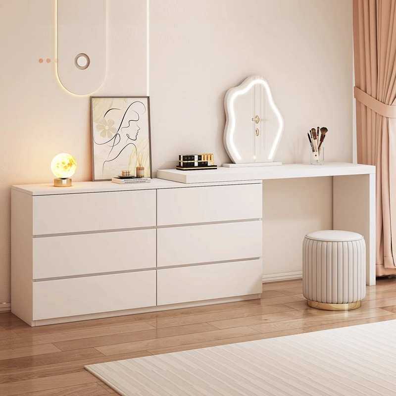 ?梳妆台卧室书桌斗柜一体现代简约网红轻奢小户型奶油风伸缩化妆