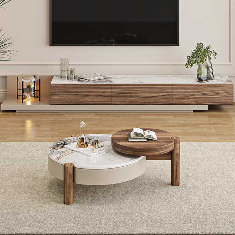 意式极简微晶石茶几电视柜组合客厅家用复古风胡桃木色可伸缩地柜