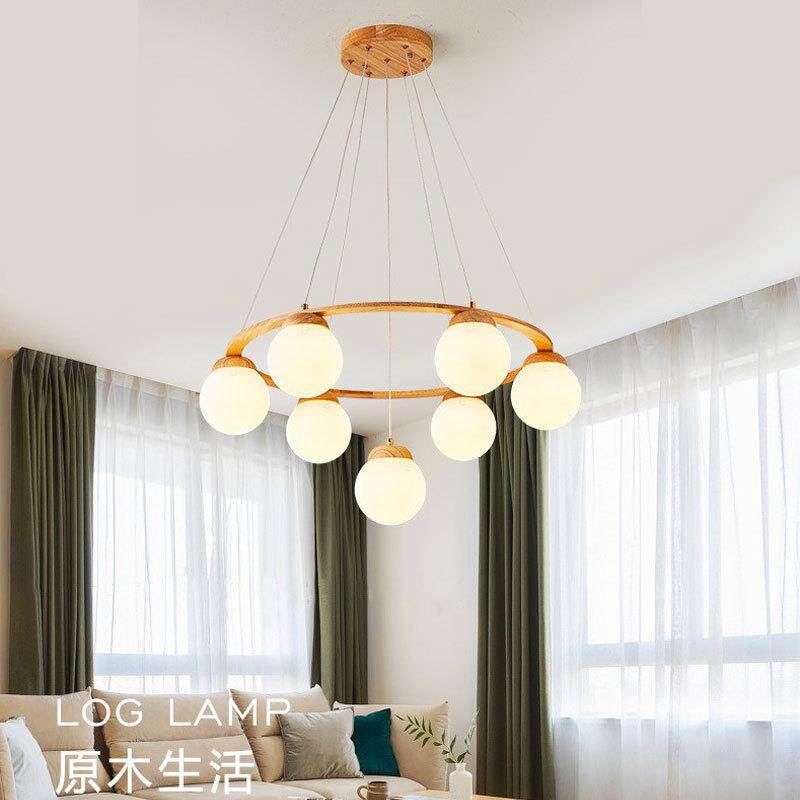 圆圈小客厅实木灯具卧室原木餐厅灯餐北欧房间led吊灯魔豆