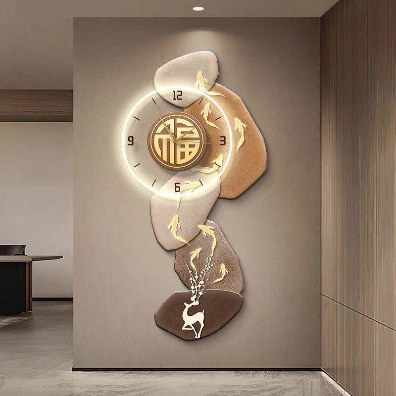 九鱼图挂钟玄关装饰画客厅led发光壁灯钟表时钟挂墙走廊过道挂画