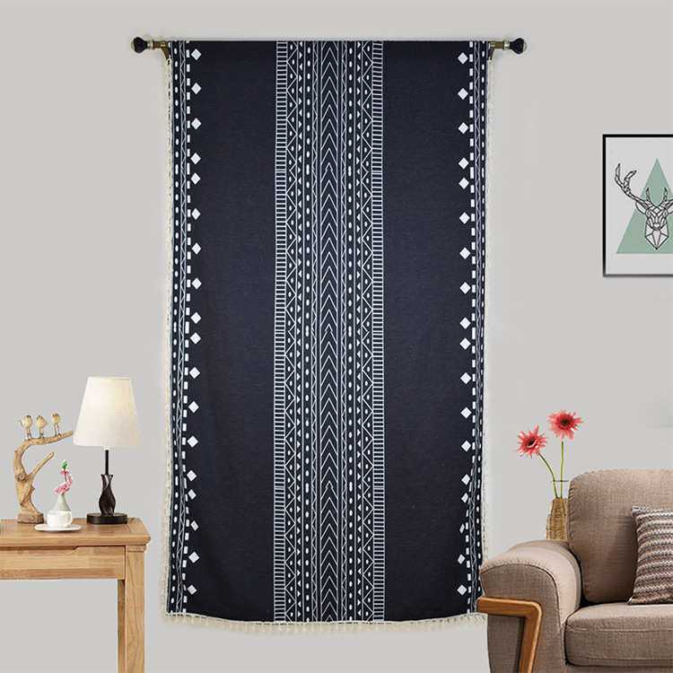 【提供图片】棉麻波西米亚窗帘带流苏几何黑色条纹窗帘跨境亚马逊