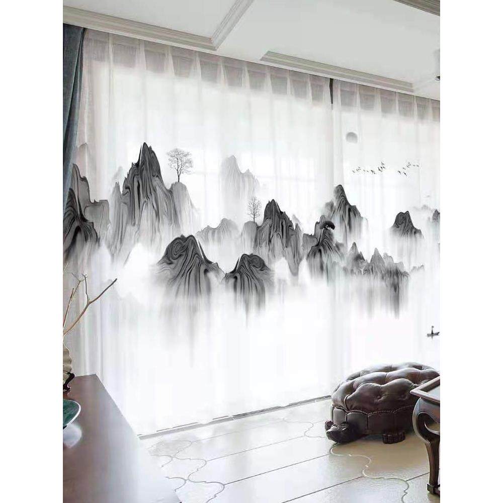 半遮光不透人纱帘数码印花窗纱古典中式中国风山水画3D水墨画窗帘