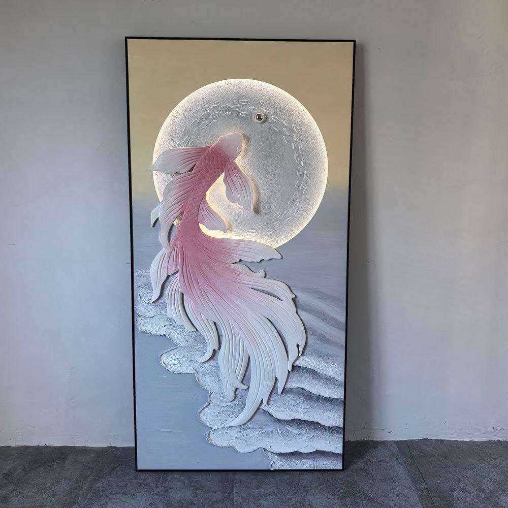 入户玄关装饰画金鱼立体浮雕挂画立体肌理丙烯油画led氛围灯光画