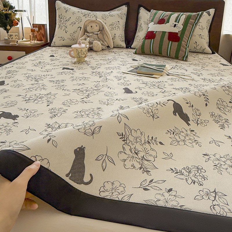 夏天冰藤席冰丝凉席床垫三件套绑带款凉感床单空调席可机洗软席子