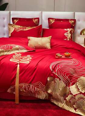 婚庆180S长绒棉四件套结婚房纯棉欧式轻奢红色床盖款