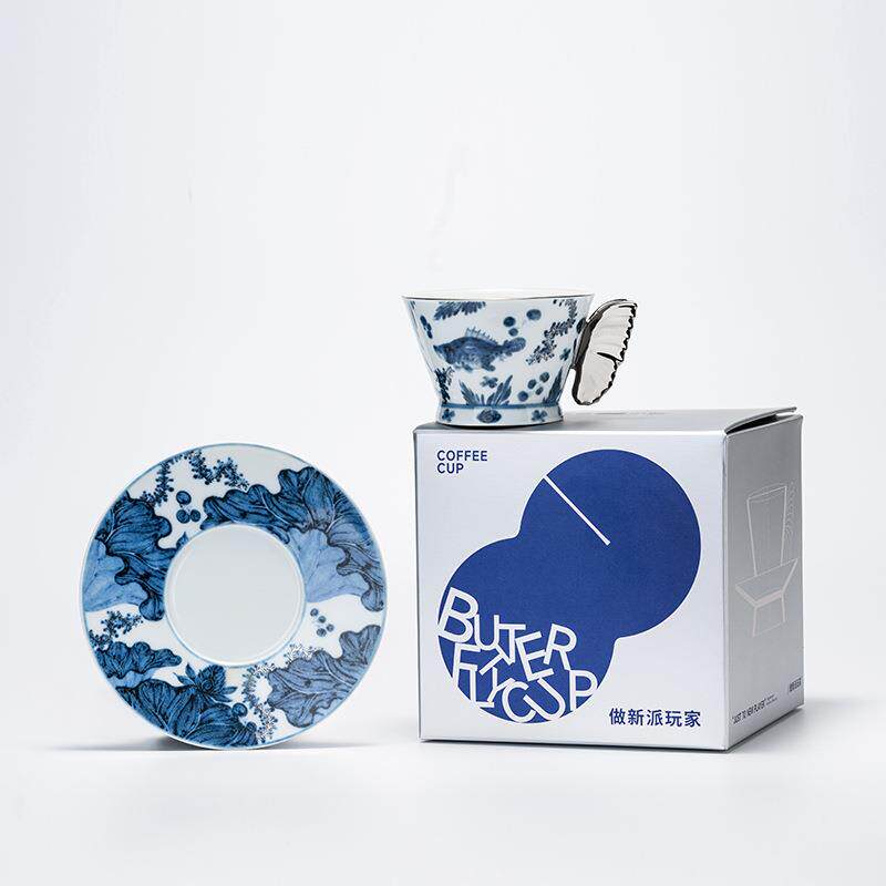 景德镇国潮风青花咖啡拿铁拉花杯复古下午茶杯芬兰蓝陶瓷下午茶杯