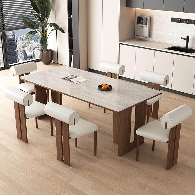胡桃色实木岩板餐桌椅组合现代简约奶油风长方形全托家用餐厅饭桌