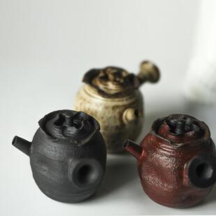 粉引故宫红侧把壶绳纹雕刻手刻纹理南蛮急须壶日式复古化妆土茶壶