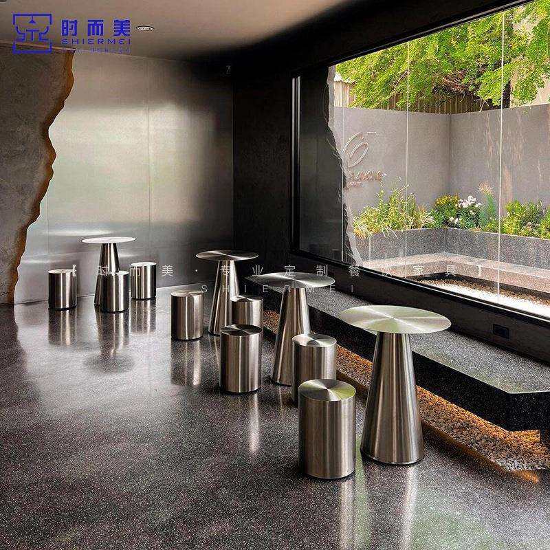 网红奶茶甜品店桌椅组合工业风咖啡厅水吧休闲区创意不锈钢圆凳子