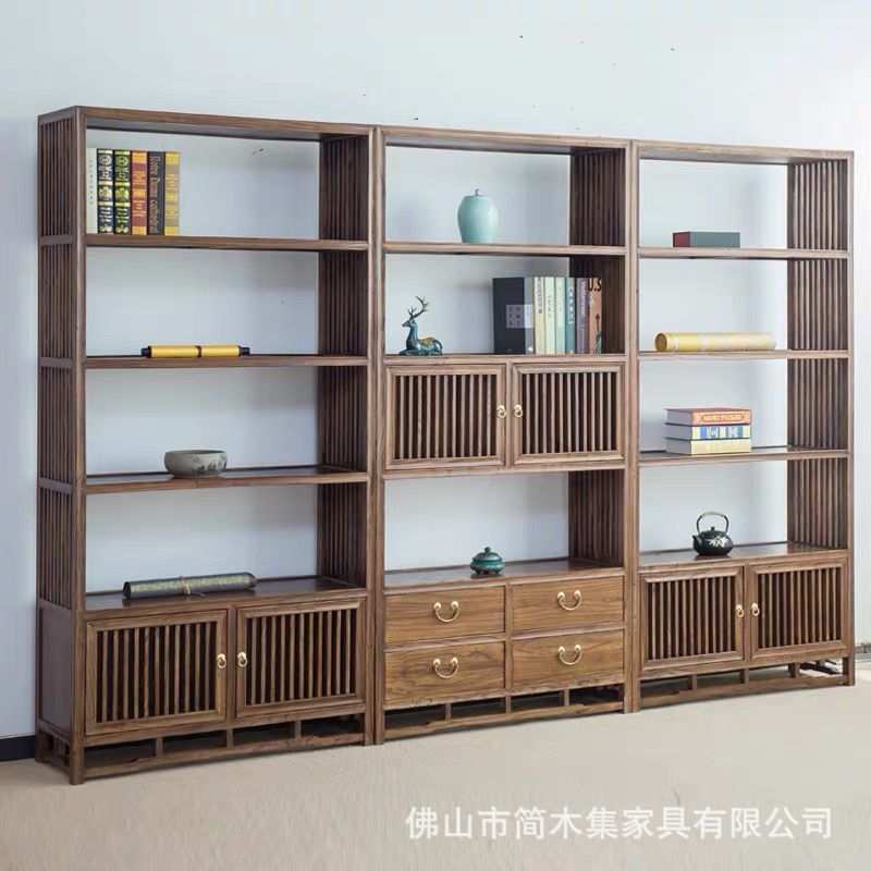新中式实木书架组合黑胡桃茶室博古架展示柜置物架老榆木禅意书柜