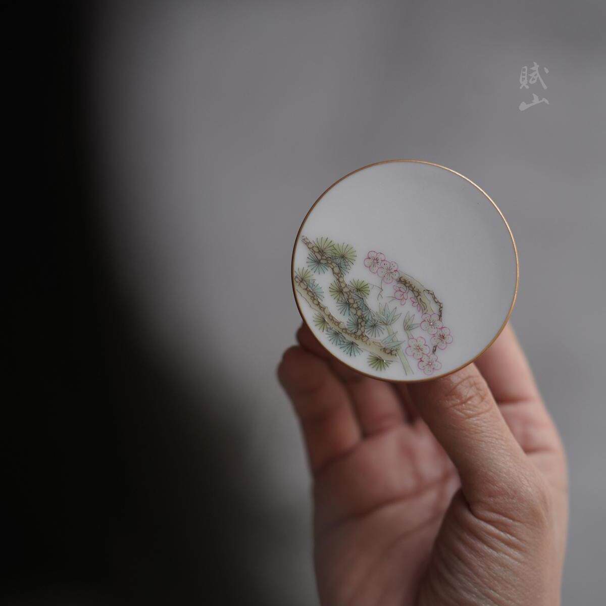 赋山堂胭脂红半窗松竹梅盖置手绘陶瓷茶器泡茶壶盖碗盖托