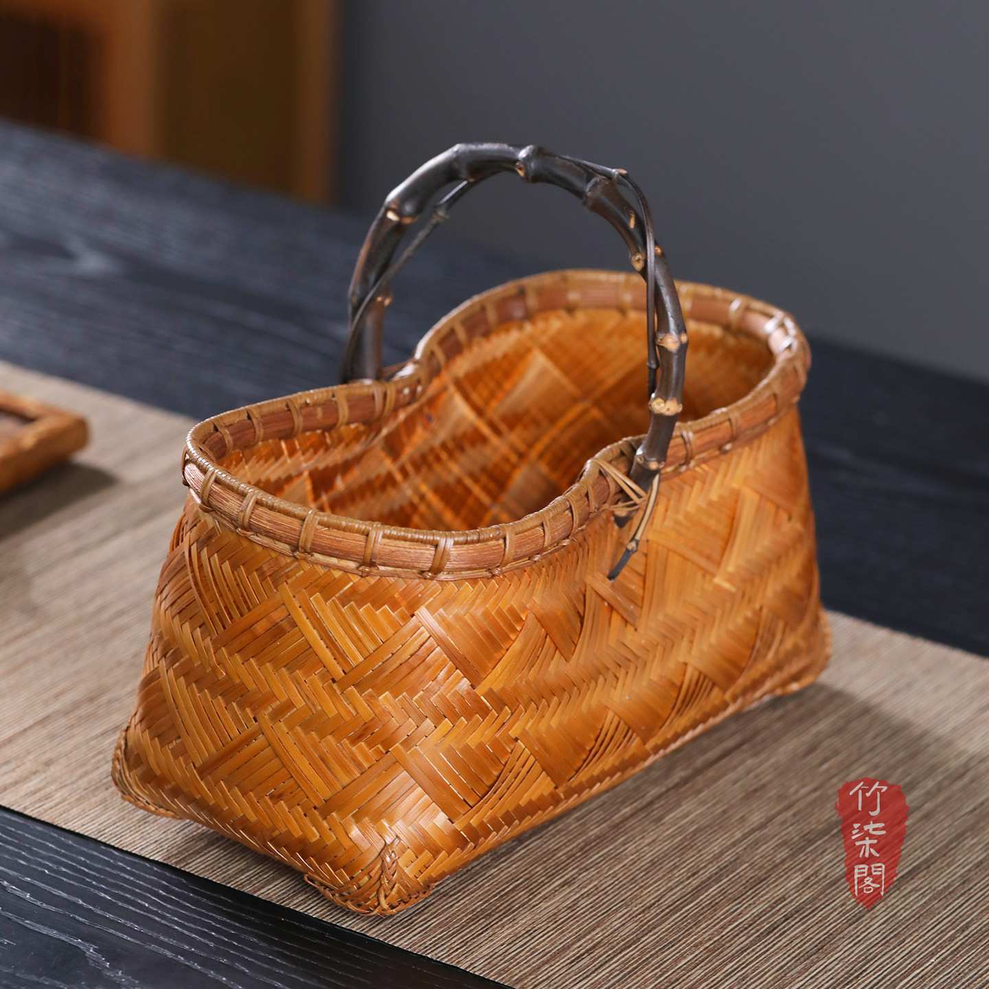 手工竹编提篮提盒紫竹把手果篮大漆竹制收纳食盒茶具点心篮子竹筐
