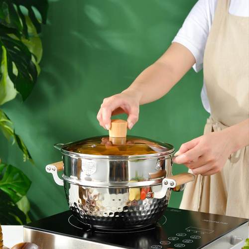 宝宝辅食家用双耳无涂层奶锅304日式多功能不锈钢雪平锅蒸笼