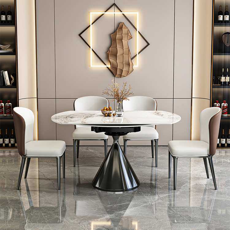 现代轻奢风餐厅伸缩岩板餐桌椅套装组合圆形家用不锈钢带转盘圆桌