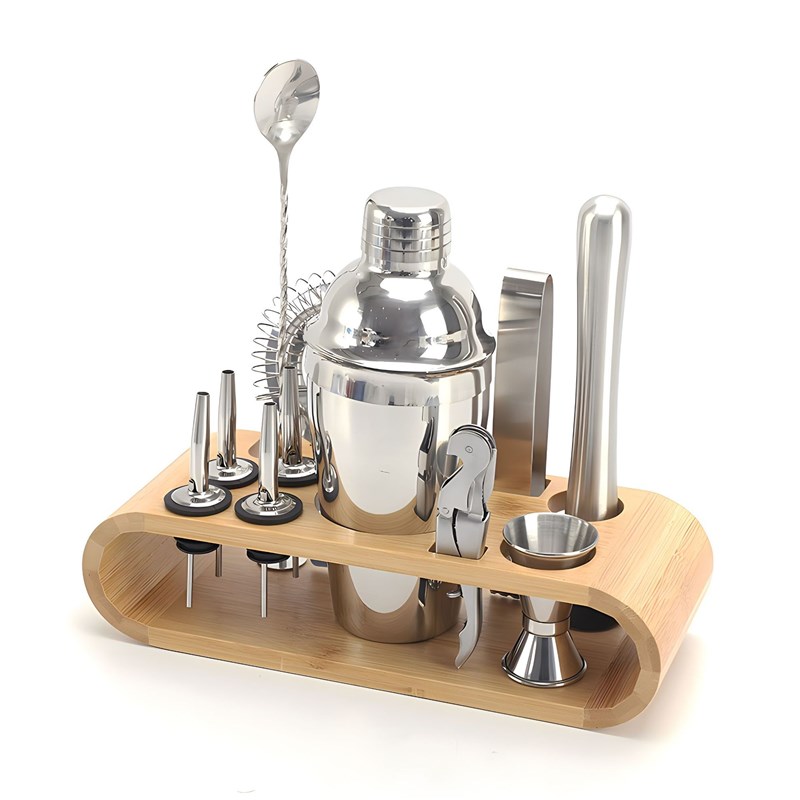 现货不锈钢调酒器12件套椭圆竹架底座鸡尾酒调酒器酒吧工具